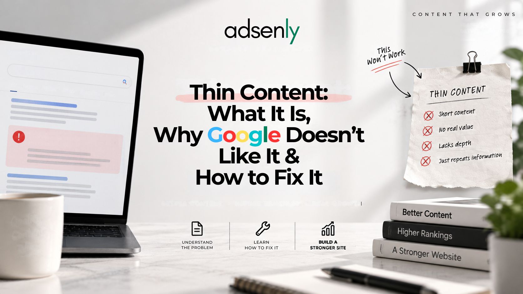 Adsenly featured image explaining thin content, why Google may consider low-value content unhelpful, and how to improve it with useful, detailed, and original content.