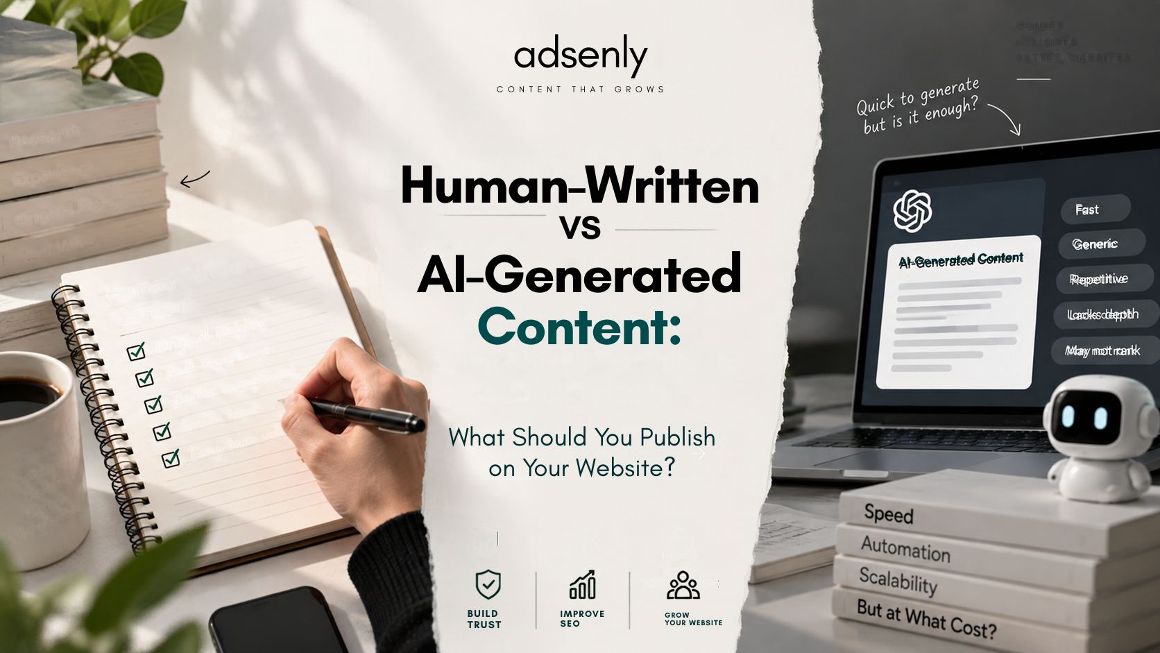 image comparing human-written and AI-generated content, highlighting differences in originality, experience, trust, SEO, speed, automation, and content quality.
